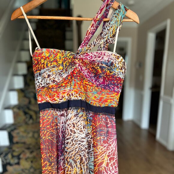 BCBGMaxAzria Inga One-Shoulder Halter Silk Maxi Dress in Begonia Multi Size 8 - Picture 4 of 16